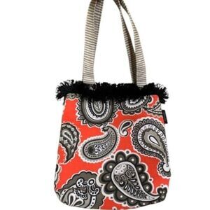 Felicity Orange Black White Paisley Print Fringe Trimmed Canvas Shoulder Tote